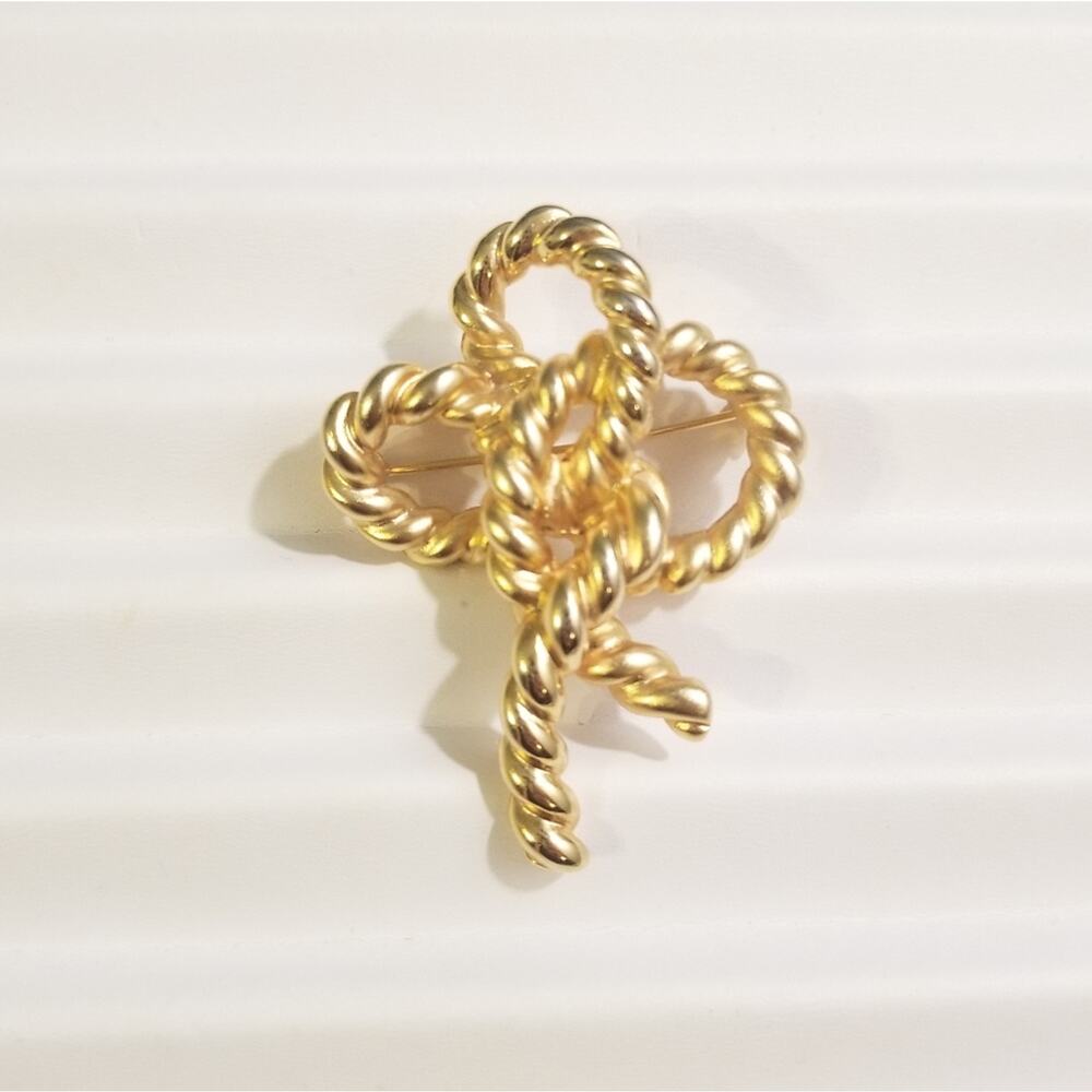 Vtg M. JENT Gold Tone Rope Bow Brooch Pin Lapel Scarf MCM